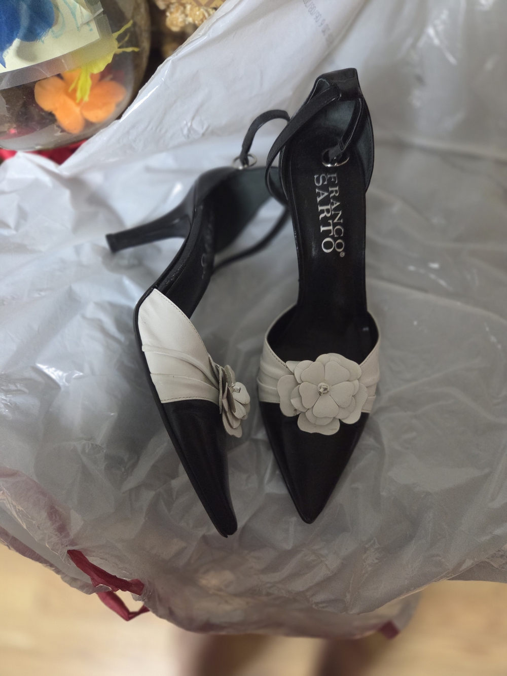 Franco Sarto Black and White Floral Pointed Toe Ankle-Strap Heels